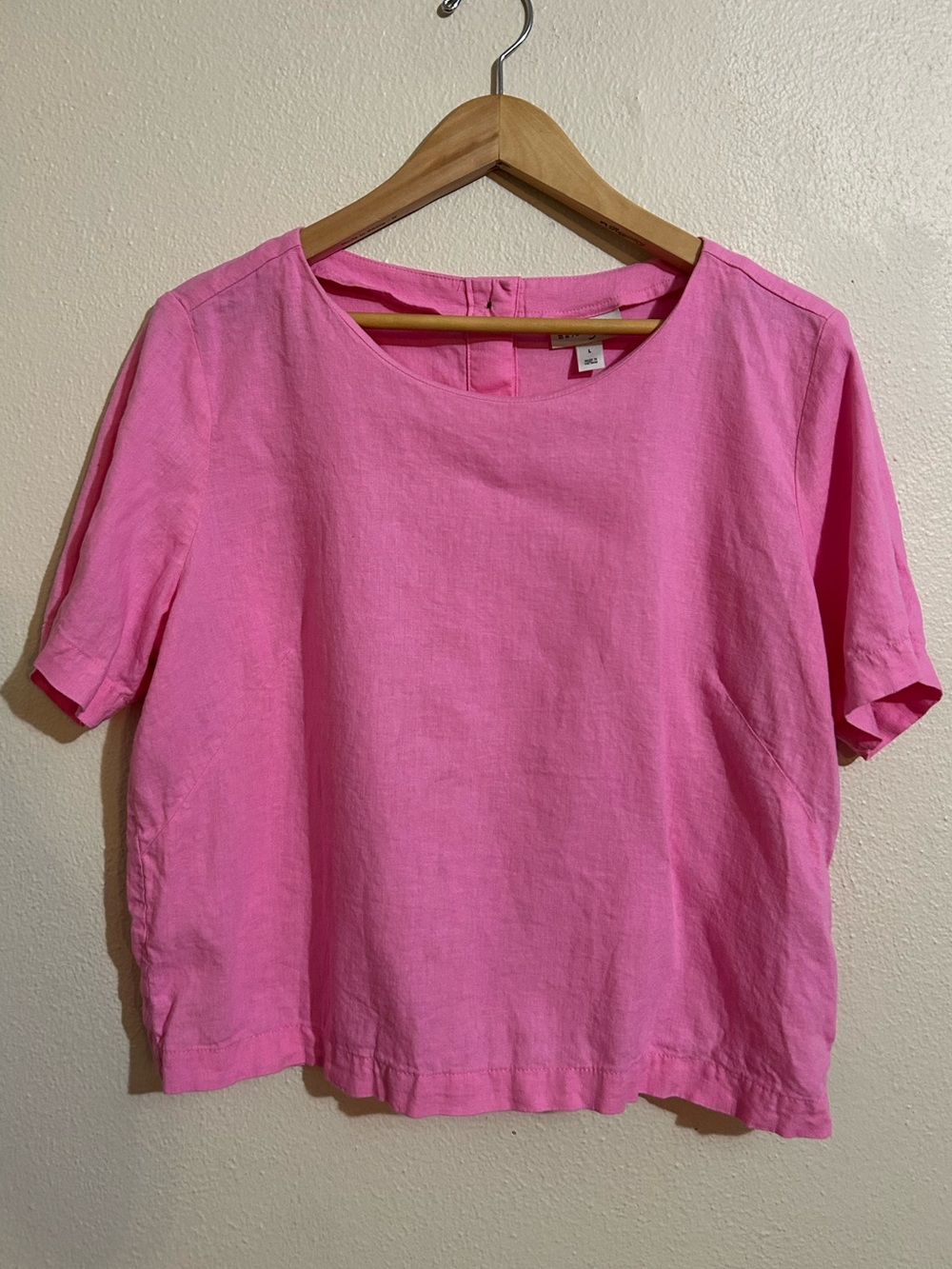 Maison Jules Pink Button-Back Short Sleeve Linen Blend Top Size Large